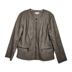 Christopher & Banks Faux Leather Jacket Women's M Gray Full-Zip Embroidered
